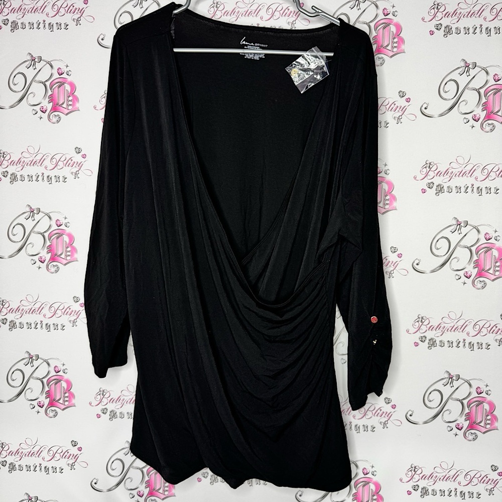 Lane Bryant shirt cinch flowy buttons gold Black Drape Top Vneck low sexy BNWT